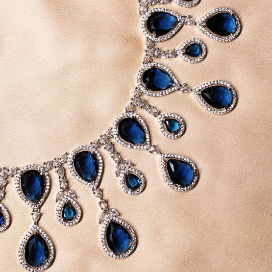 Blue Sapphire American Diamond Necklace Set With Maangtika