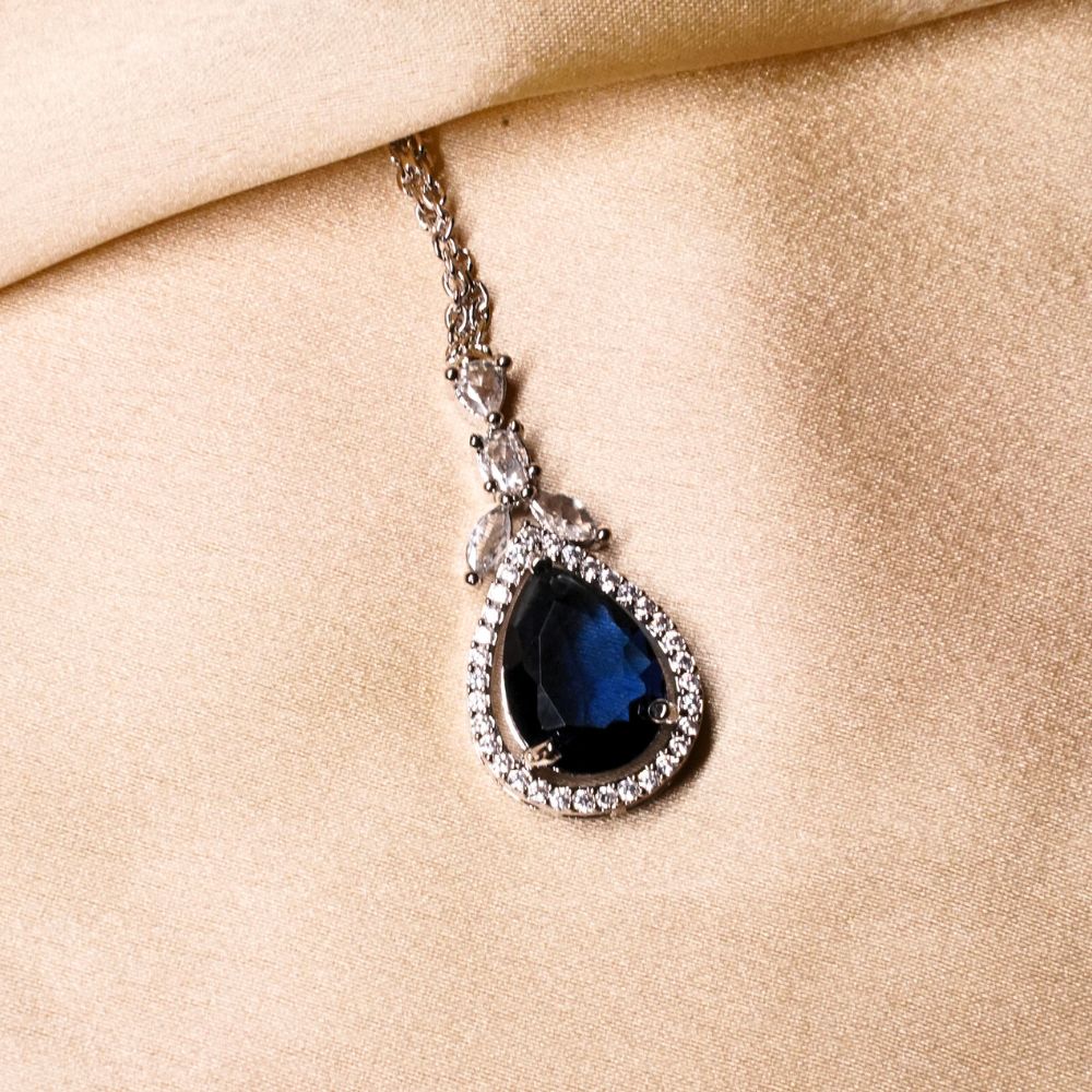 Blue Sapphire American Diamond Necklace Set With Maangtika