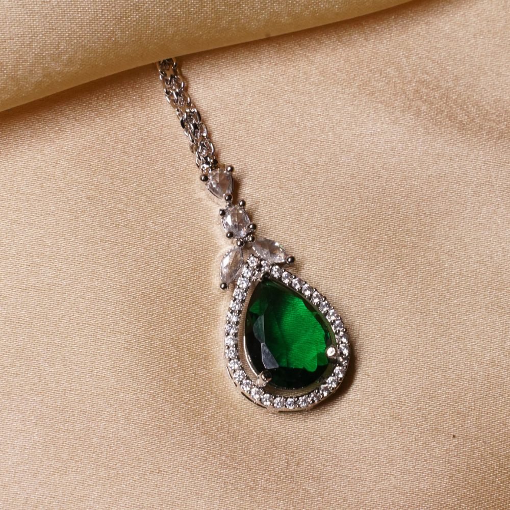 Green Sapphire American Diamond Necklace Set With Maangtika