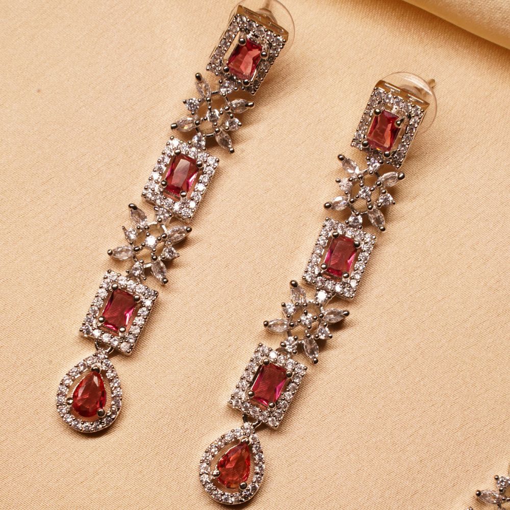 Premium Quality Red American Diamond Cubic Zirconia Necklace With Pair Earrings