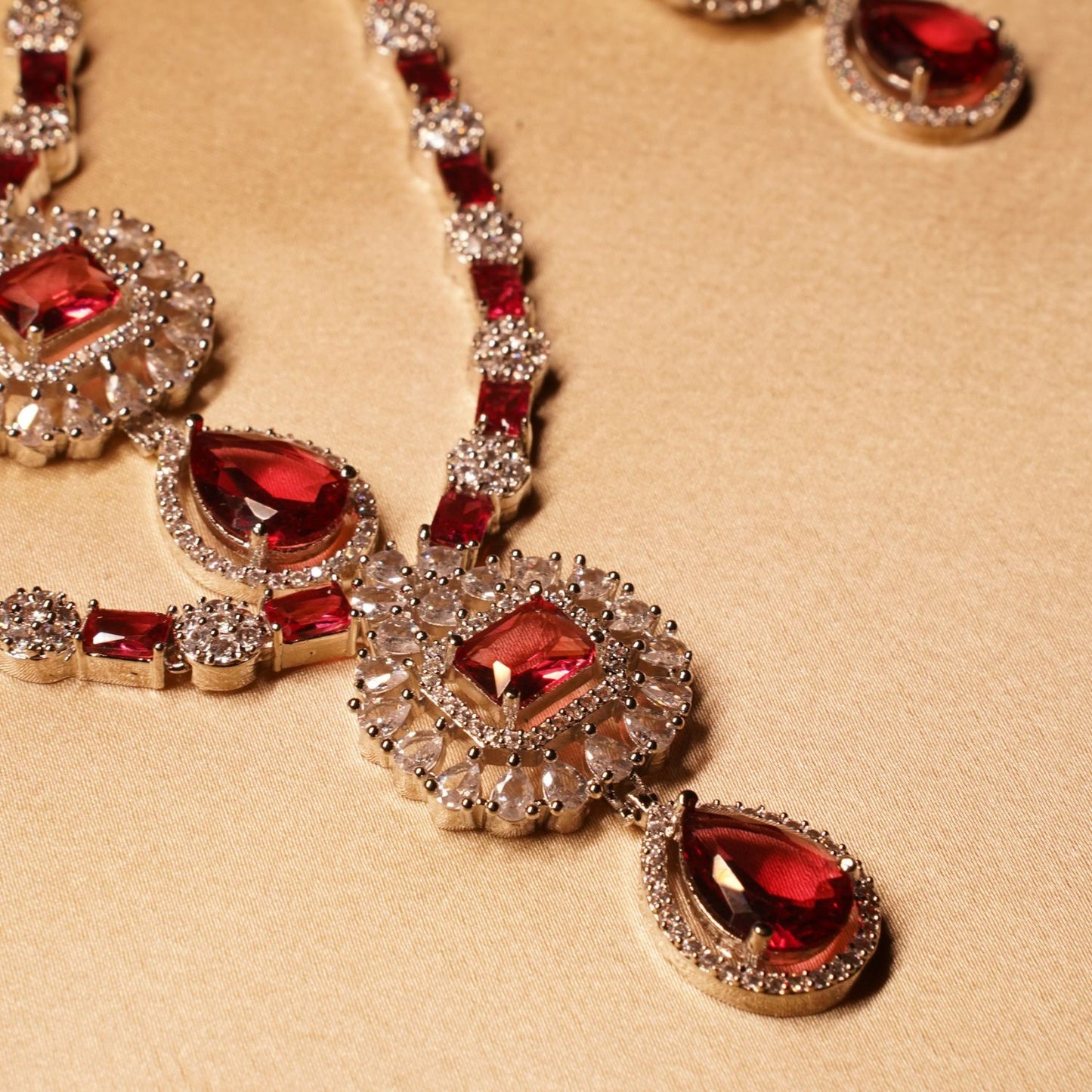 Red Long Triple Layer Necklace & Earring