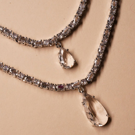 White American Diamond Two Layer Necklace With Earring