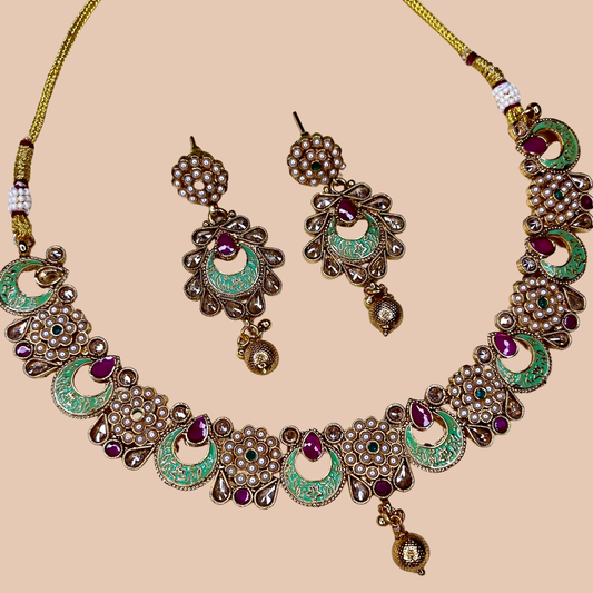 Green Enamel Kundan Necklace Set