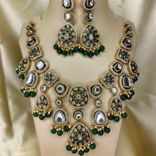 Green Bead Kundan Necklace Set
