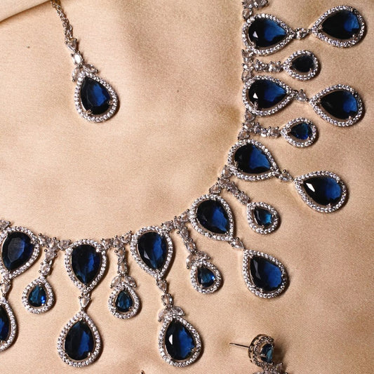 Blue Sapphire American Diamond Necklace Set With Maangtika