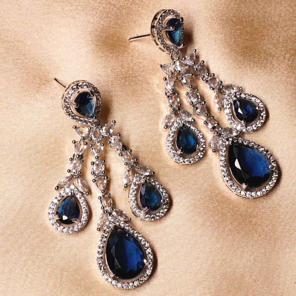 Blue Sapphire American Diamond Necklace Set With Maangtika