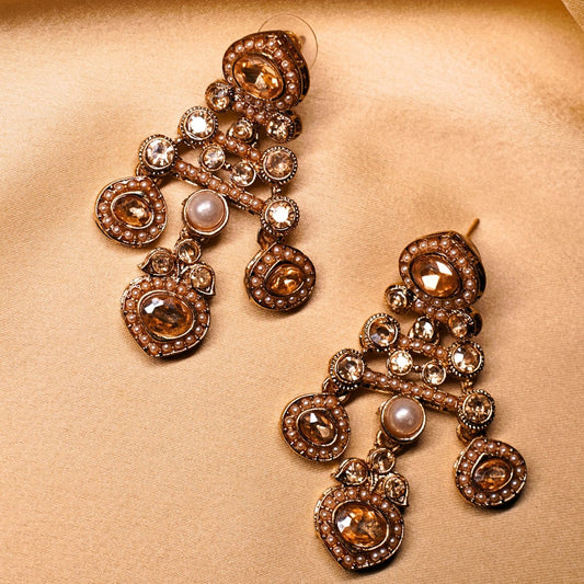 Gold Plated Stone Studded Dangle Earrings