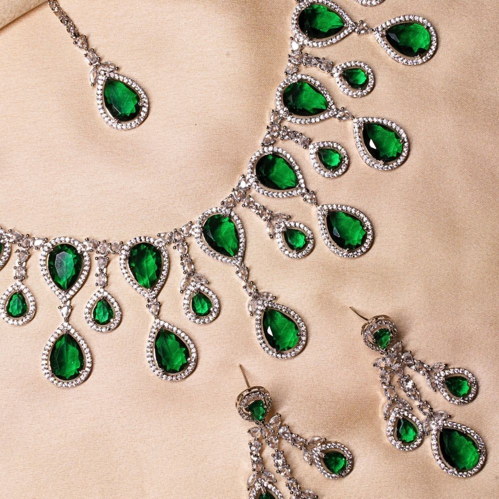Green Sapphire American Diamond Necklace Set With Maangtika