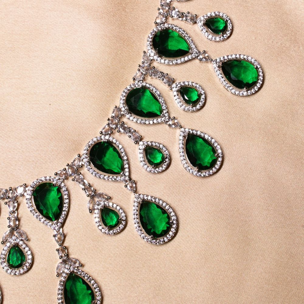 Green Sapphire American Diamond Necklace Set With Maangtika