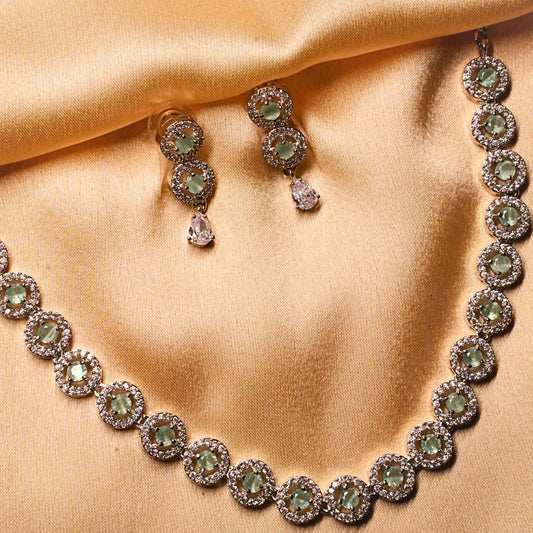 Handcrafted Brass Artificial Mint Green Beads Necklace & Earrings