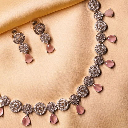 Handcrafted Brass Artificial Pink Beads Necklace & Earrings