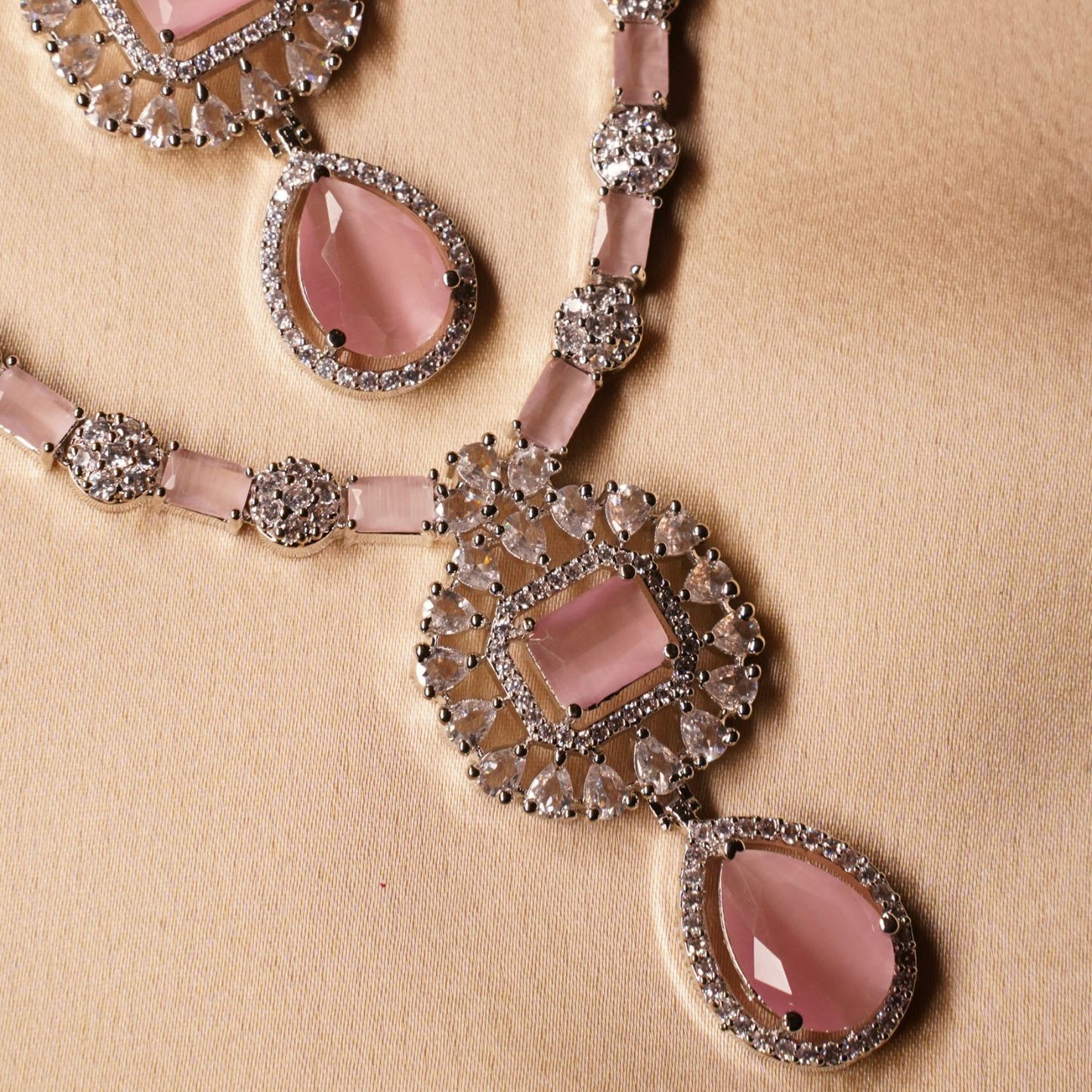 Pink Long Triple Layer Necklace & Earring