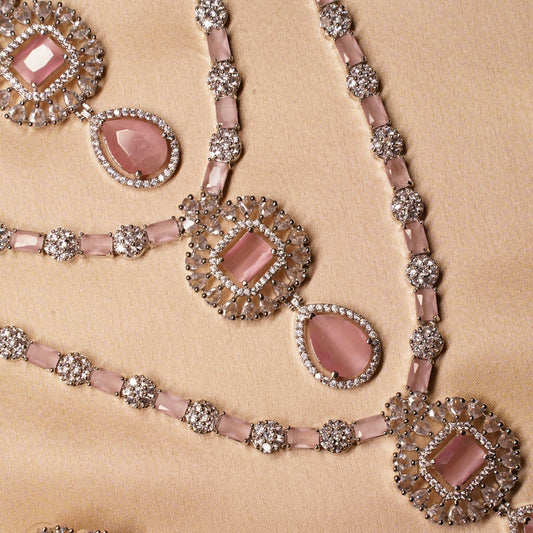 Pink Long Triple Layer Necklace & Earring