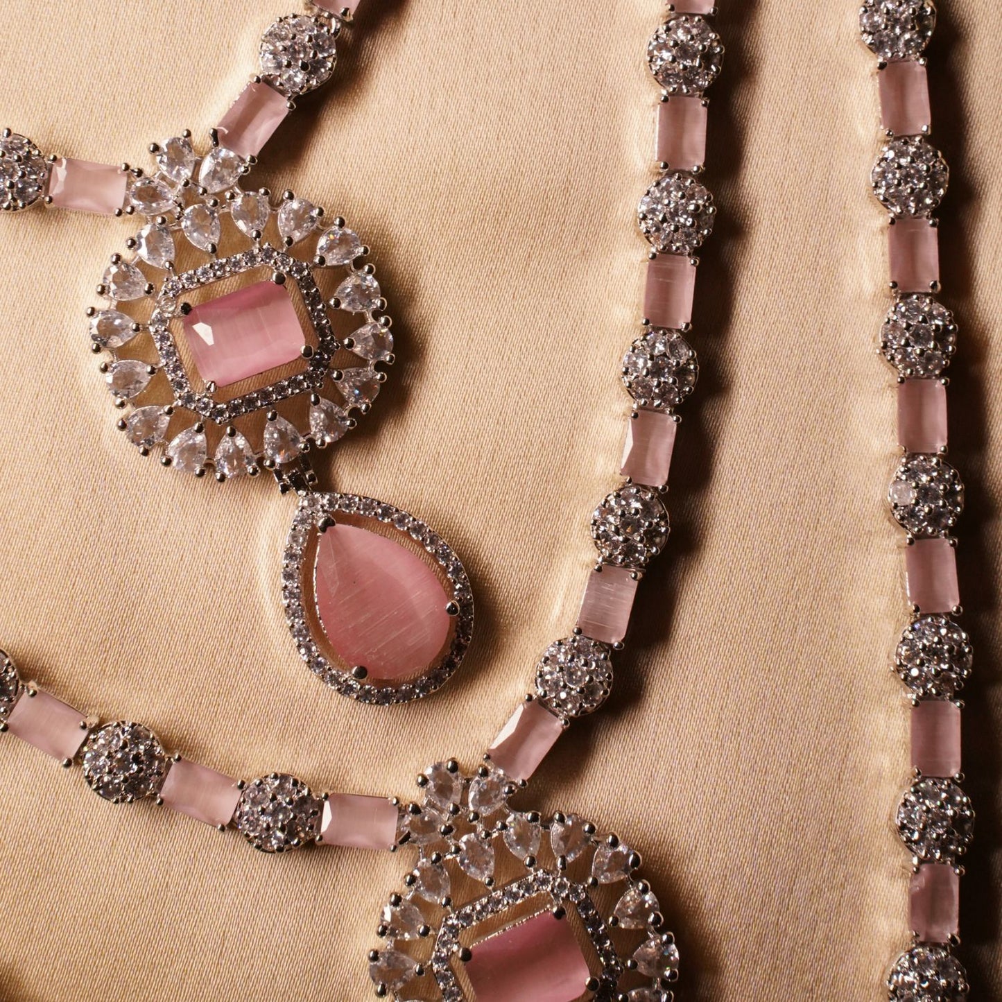 Pink Long Triple Layer Necklace & Earring