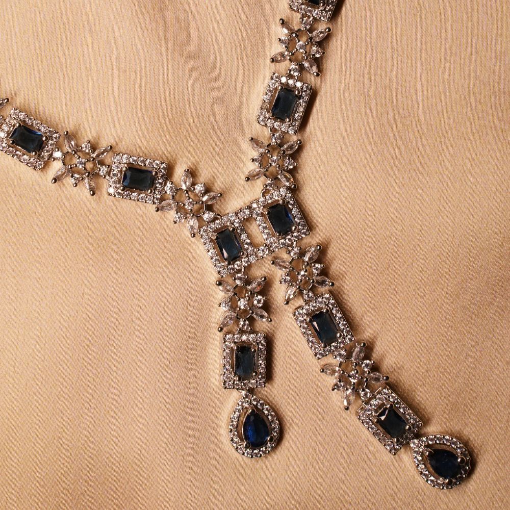 Premium Quality Blue American Diamond Cubic Zirconia Necklace With Pair Earrings