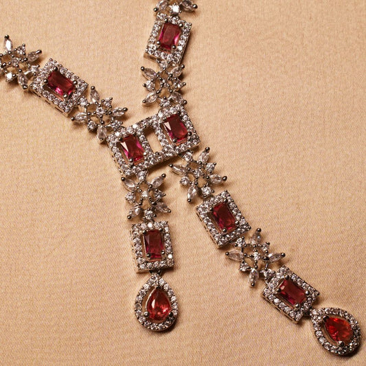 Premium Quality Red American Diamond Cubic Zirconia Necklace With Pair Earrings