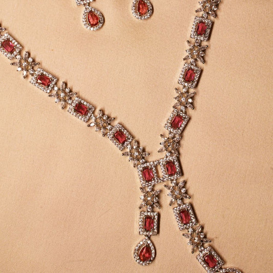 Premium Quality Red American Diamond Cubic Zirconia Necklace With Pair Earrings