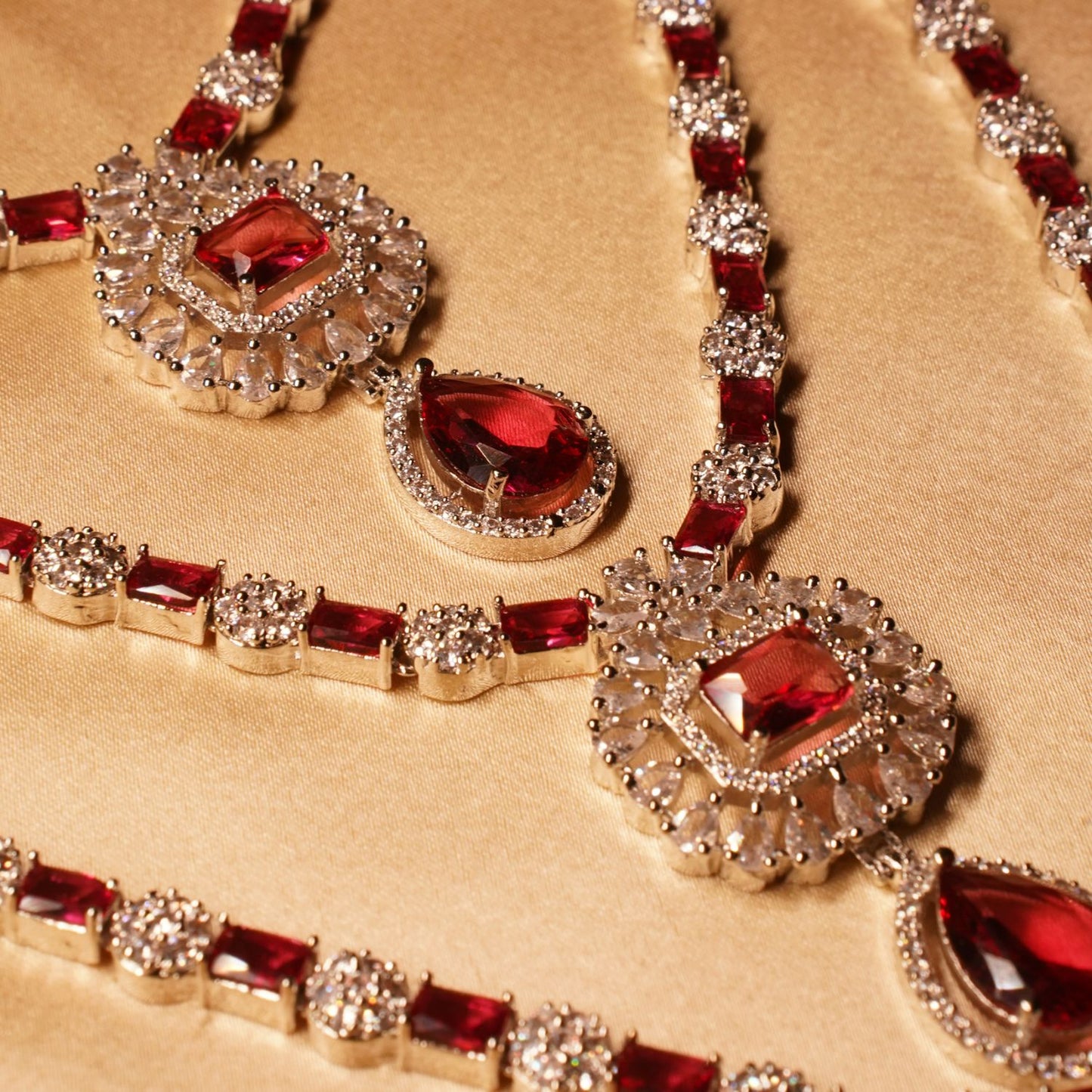 Red Long Triple Layer Necklace & Earring