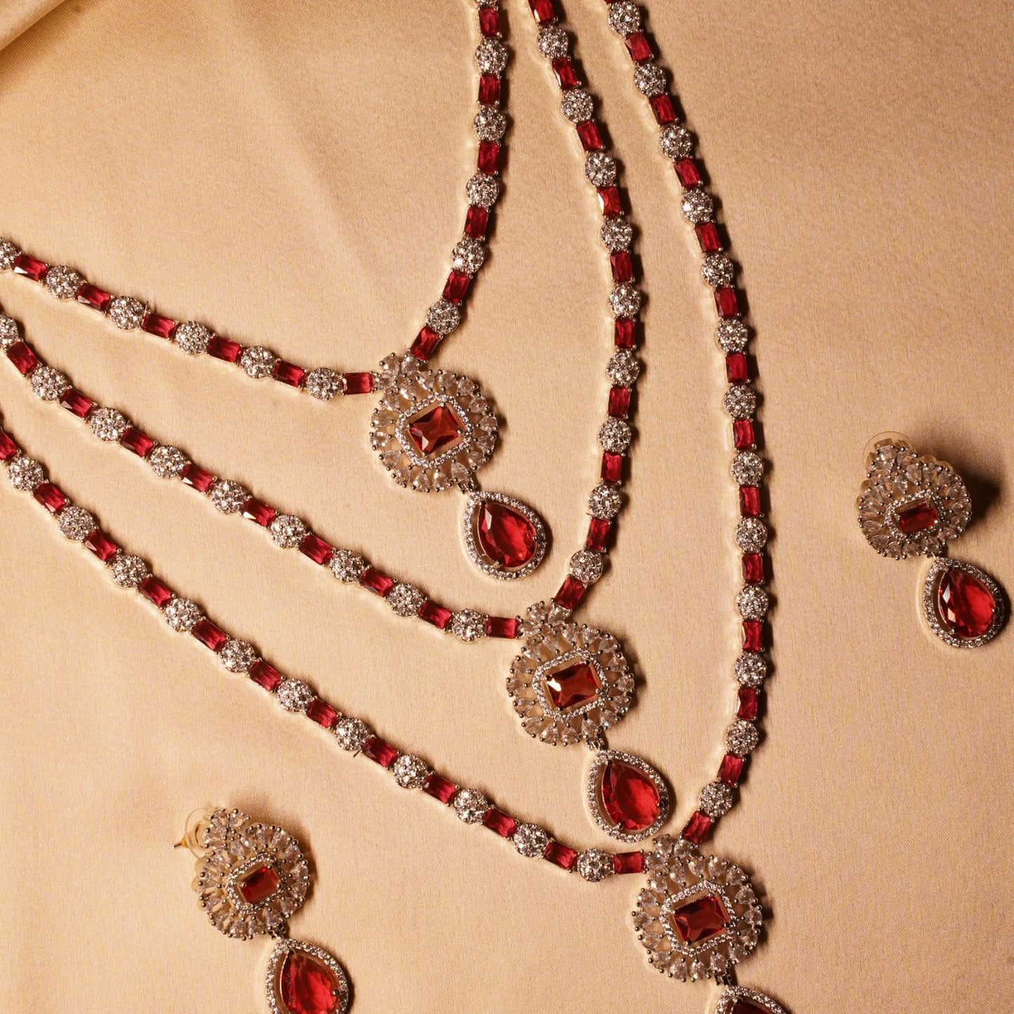Red Long Triple Layer Necklace & Earring