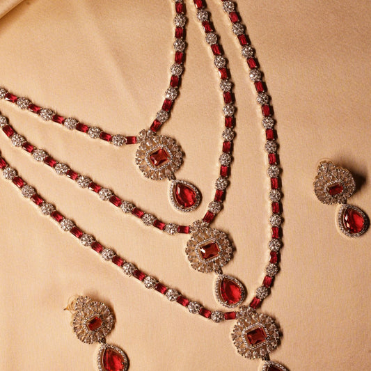 Red Long Triple Layer Necklace & Earring