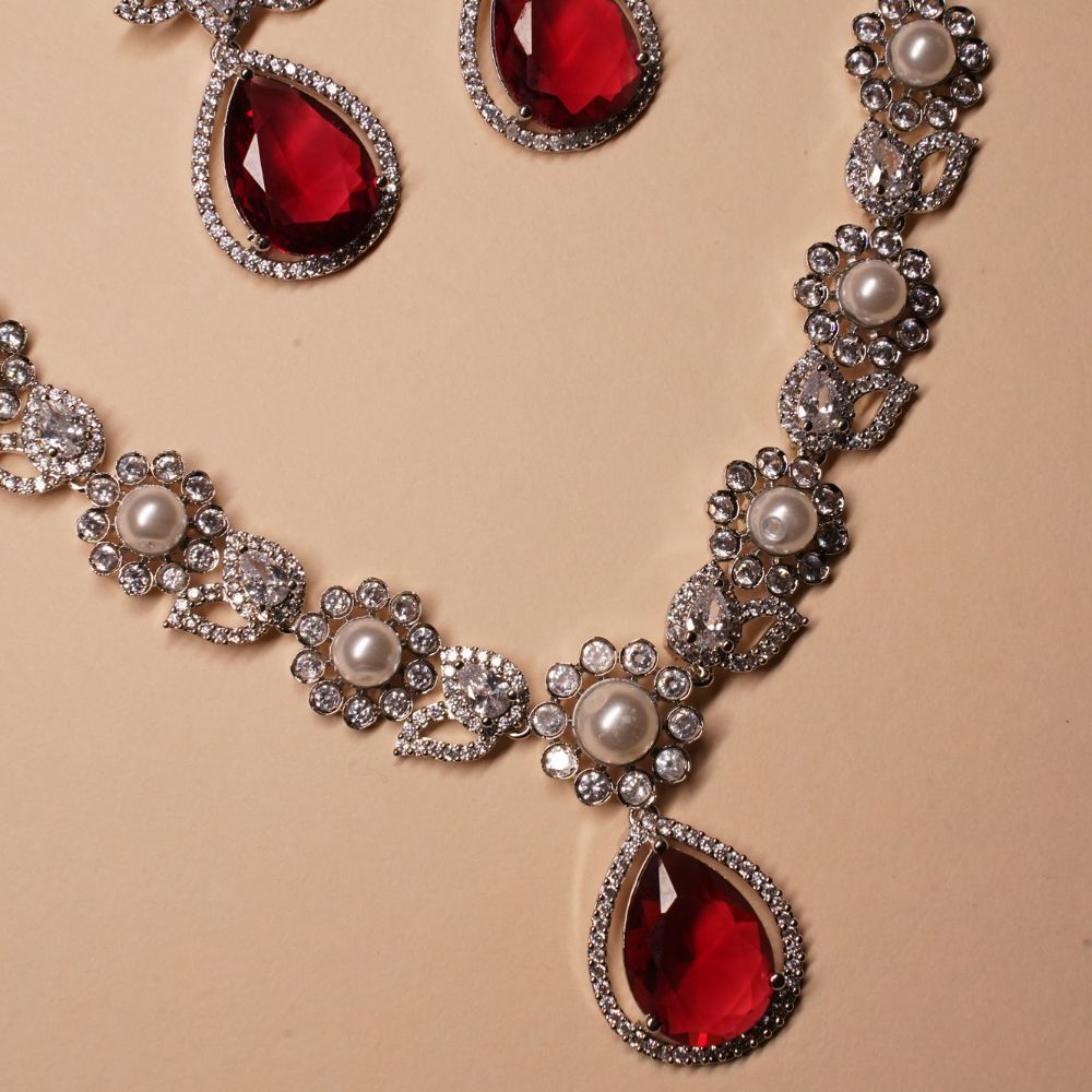 Red Swirl Pearl Necklace & Earring
