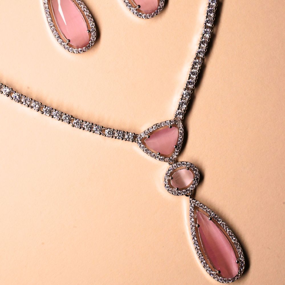 Women Baby Pink Silver-plated American Diamond Set