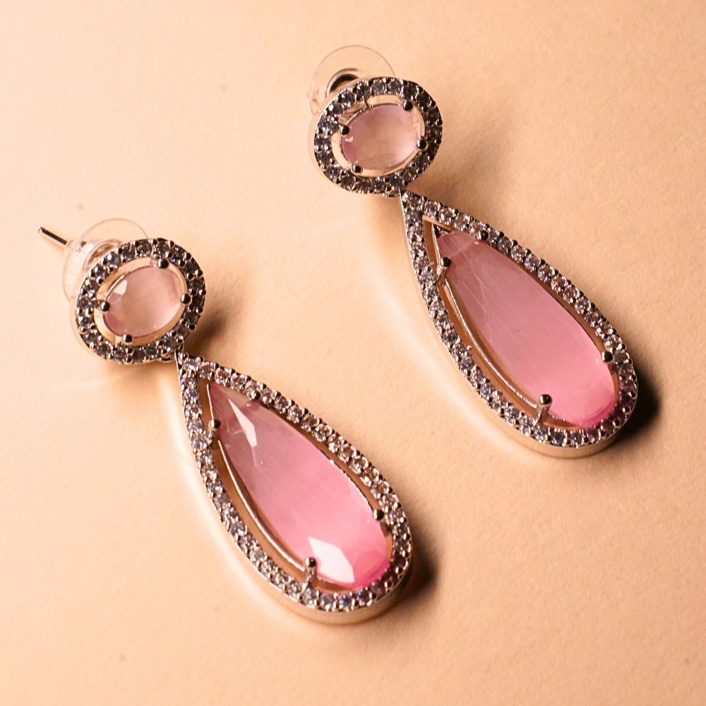 Women Baby Pink Silver-plated American Diamond Set