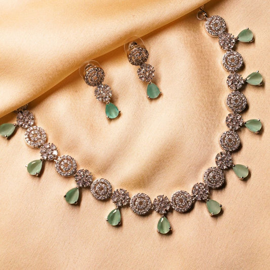Women Mint Green Silver-plated American Diamond Set