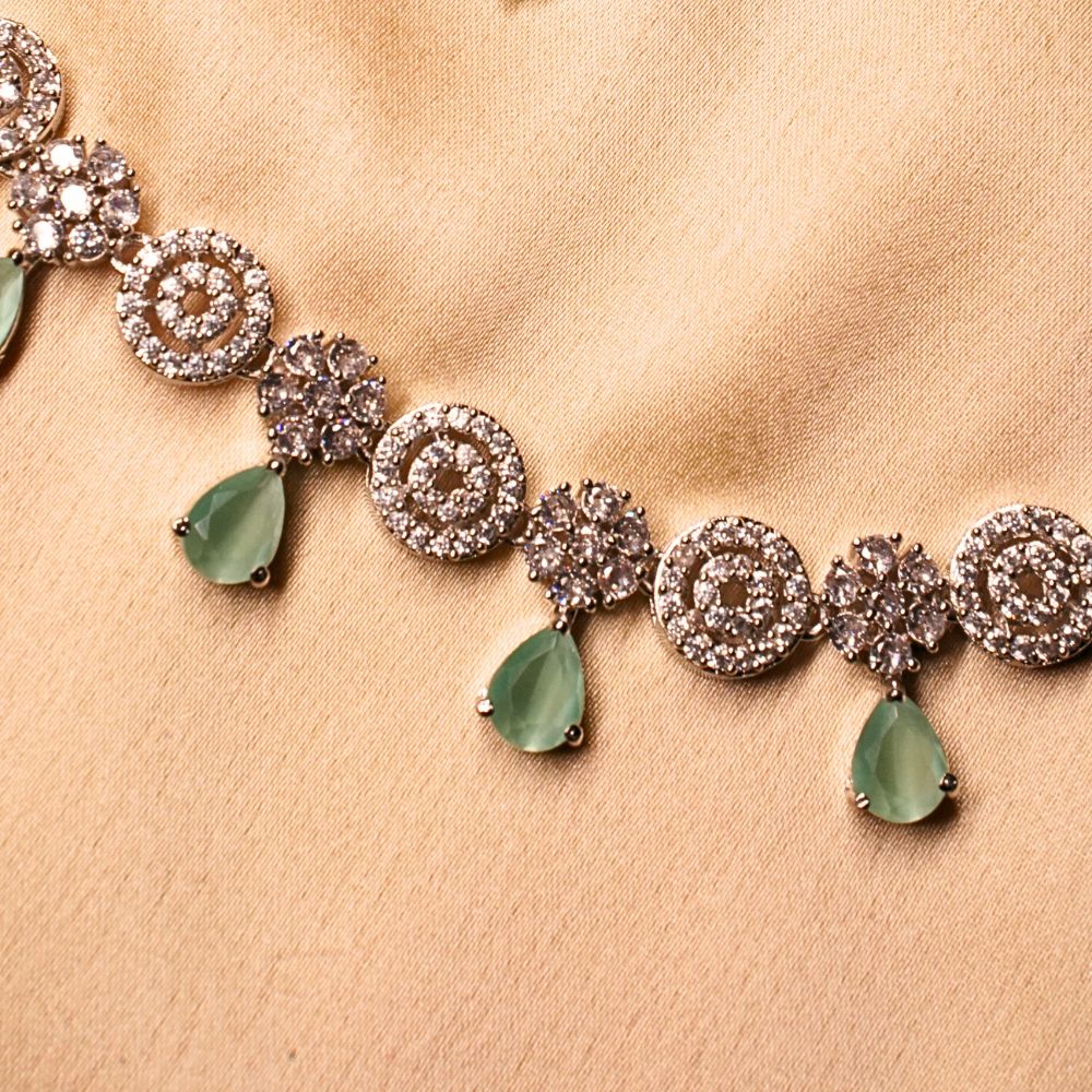 Women Mint Green Silver-plated American Diamond Set